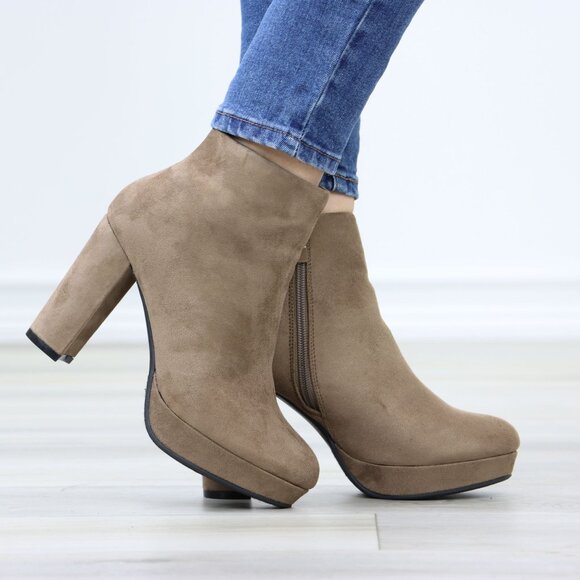 Platform Tan Suede Ankle Booties Block Heeled Boots - Picture 5 of 11